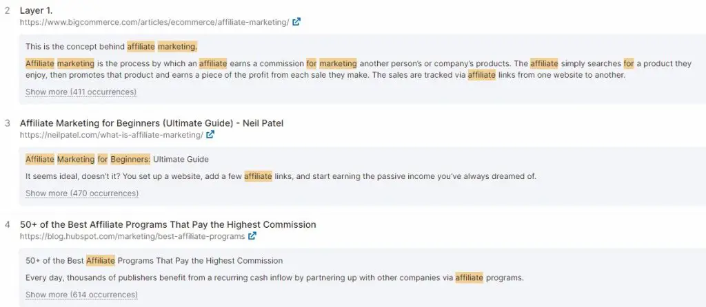 SEMrush SEO content template Competitors' use of keywords in their content 