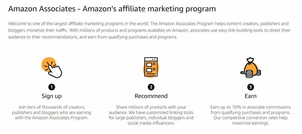 Amazon Associates Homepage screenshot: How to make money with Amazon affiliate without a website 