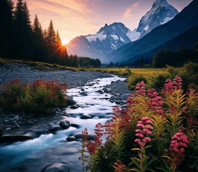 stock photograph of a beautiful scene with flowers, river, and mountains 